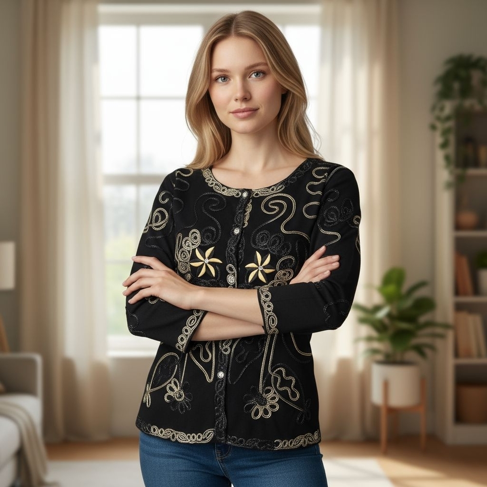 Lauren Michelle Black and Gold Embroidered Cardigan Size Small